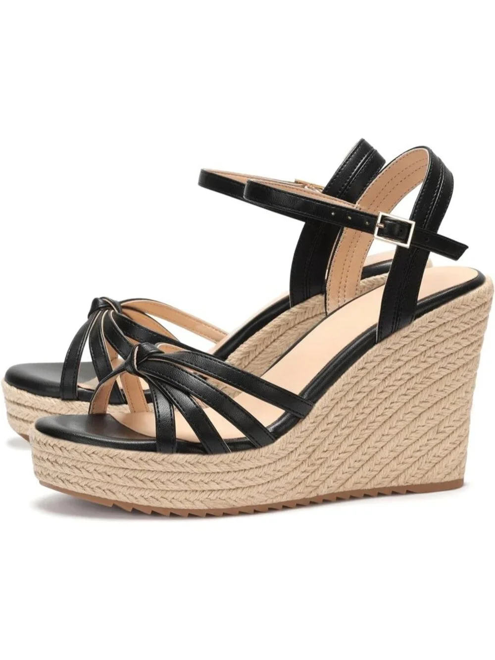 Women's Black PU Platform Espadrille Wedge Sandals Open Toe Ankle Strap Heels